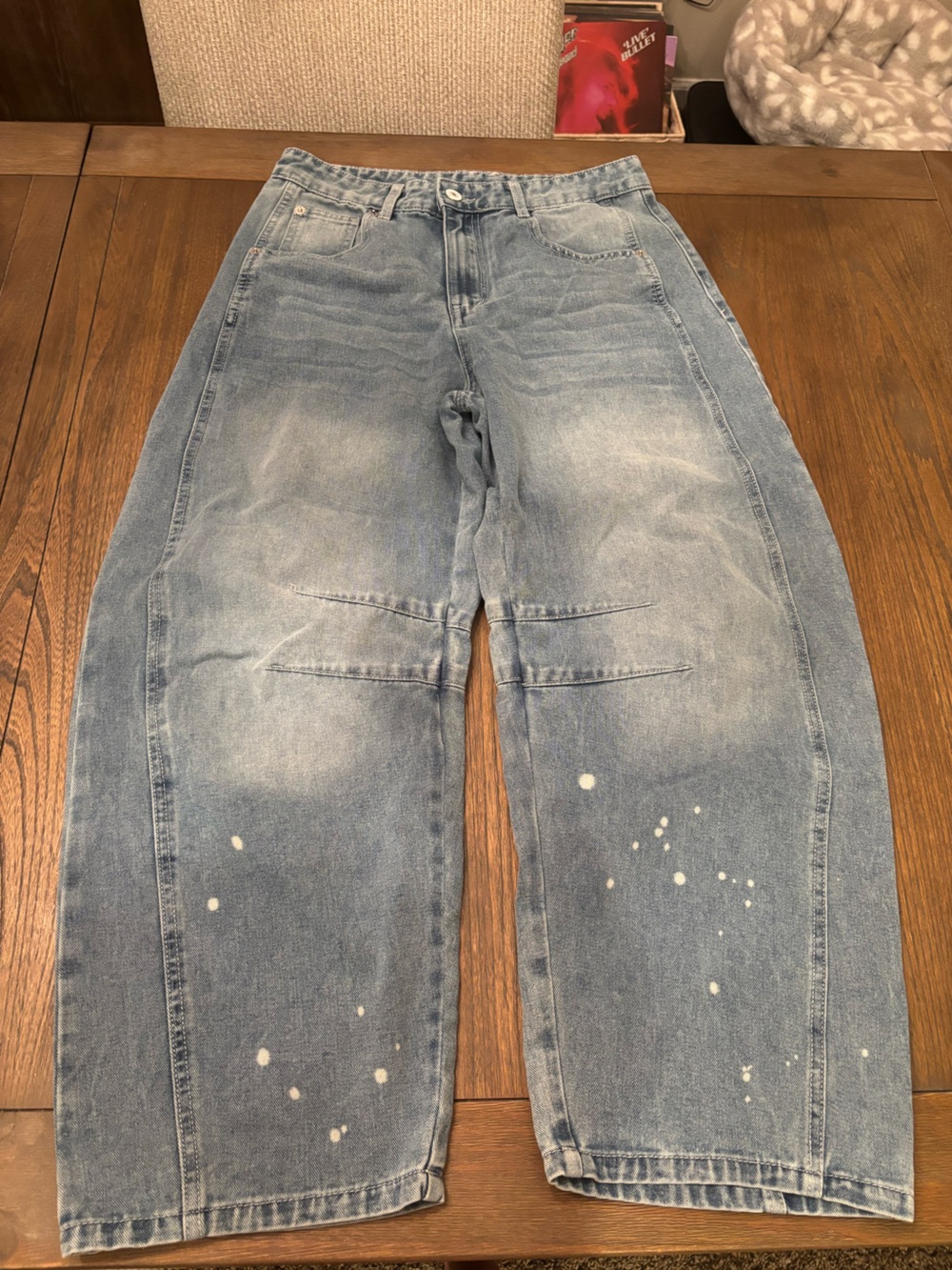Light Blue Barrel Jeans with Paint-Splatter Detail